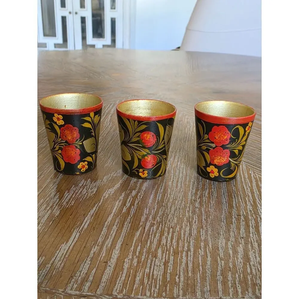 SSR‎ Russian Khokhloma Lacquer Ware 3 Shot Glasses